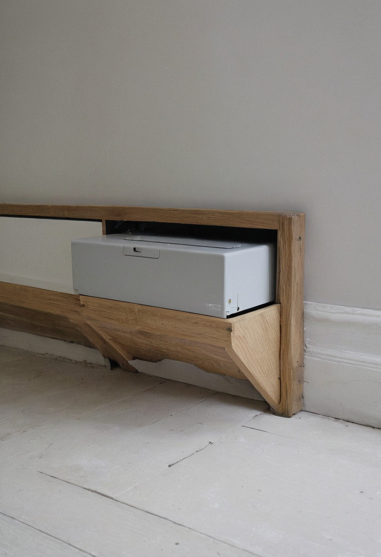 A grey metal services unit set into a low oak-framed recess at skirting level in an unfinished room, the surrounding plaster and floor still bare.