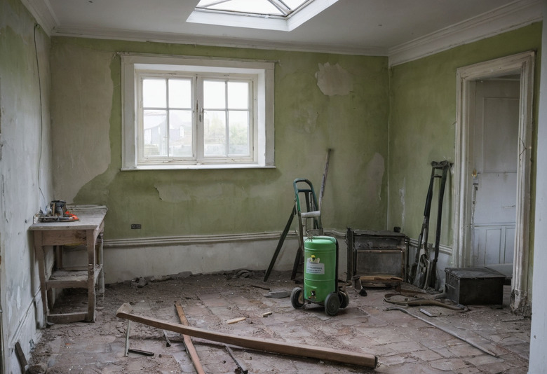 A room mid strip-out in an English house: green walls with plaster falling away, a rooflight, an old workbench, a cylinder on a trolley, and battens and rubble across a bare floor.