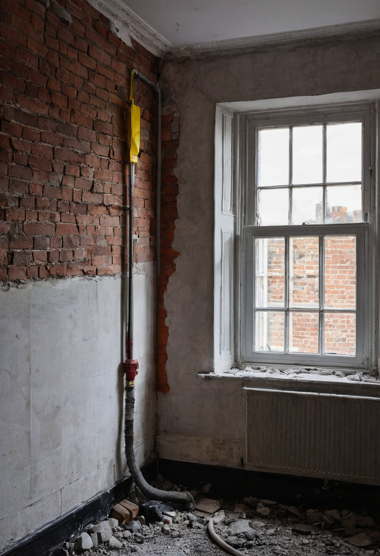 A corner stripped back to bare brick in an English house, with a yellow gas pipe and a black waste pipe running down the wall beside a sash window, and rubble across the floor.