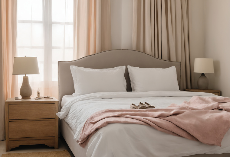Master bedroom in a Dubai villa with an upholstered headboard, white bedding, a pink throw and linen curtains