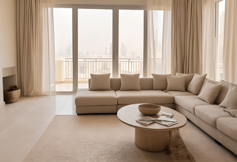 Living room of a Dubai high-rise apartment with a large corner sofa, a round coffee table with papers and sheers at a balcony door