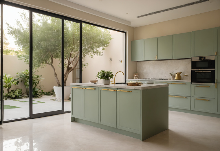 Villa kitchen with sage green cabinets, a stone-topped island and tall glass doors onto a shaded courtyard