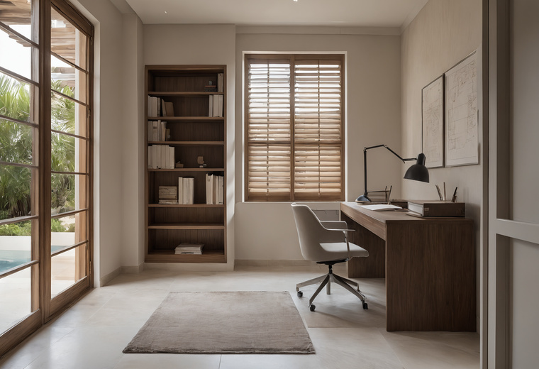Villa study with a timber desk, a bookcase, shuttered windows and drawings pinned to the wall
