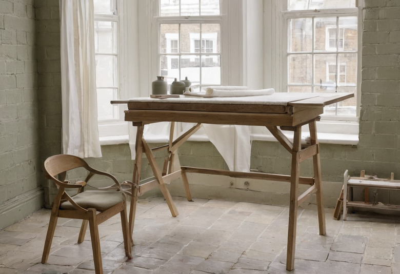 A timber drawing board with a tilted top in a light room with tall sash windows, a painted brick wall and a flagstone floor, a wooden chair pulled up to it.