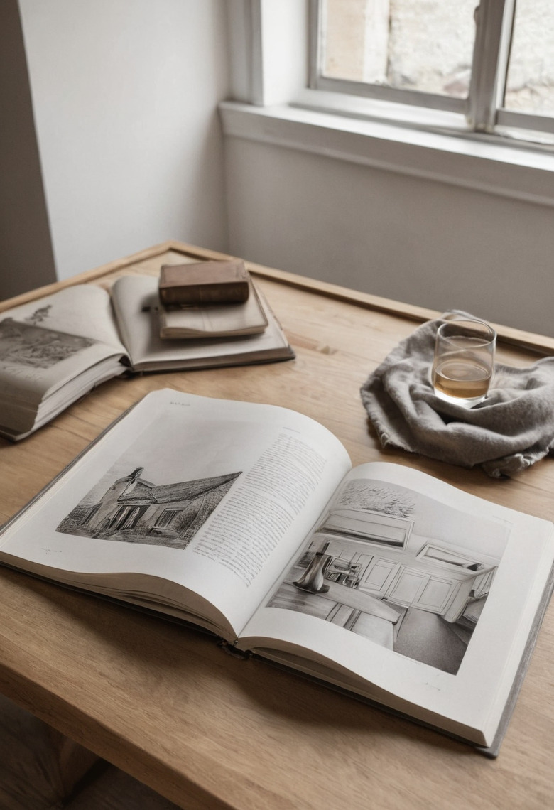 A large architecture book open on an oak table at a black-and-white elevation and an interior perspective, with a second book, loose papers and a glass of tea beside it.