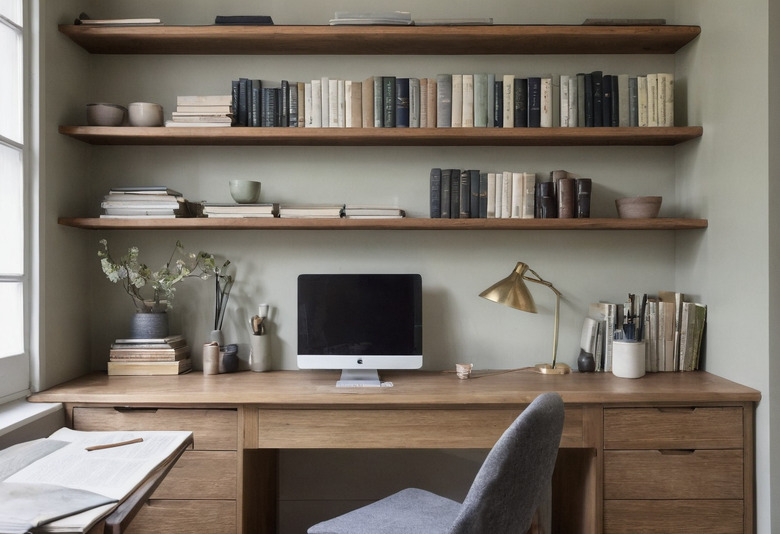 An oak desk with an iMac, a brass lamp and pen pots, under three long shelves of books and ceramics, with a grey chair and a second small desk by the window.