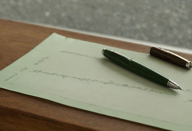 A sheet of sage-green writing paper on a dark wood table with two fountain pens lying across it, the handwriting on the page out of focus.
