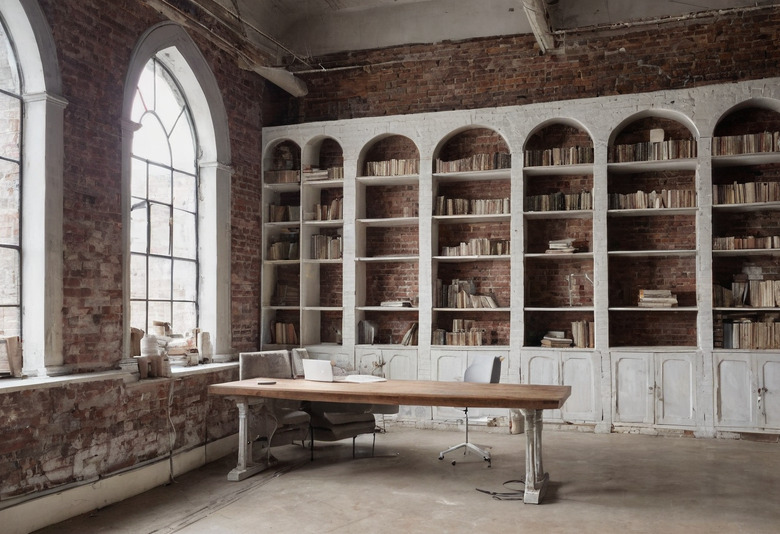 A converted warehouse studio with exposed brick, tall arched windows, a wall of white arched bookcases and a single long timber table with two office chairs on a concrete floor.