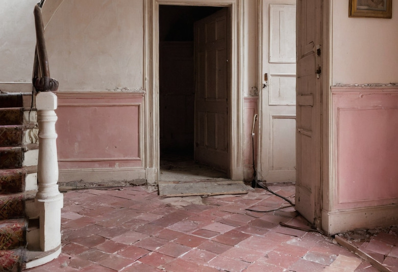 The hall of a decayed period house: peeling pink dado panelling, a turned newel post at the foot of the stairs, an open panelled door and a worn quarry-tiled floor with tiles lifting.